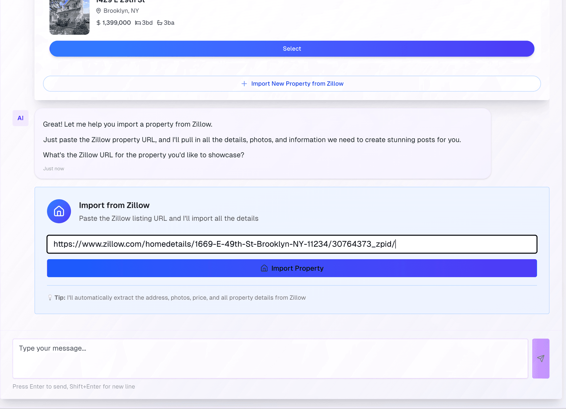 Property import interface with AI assistant